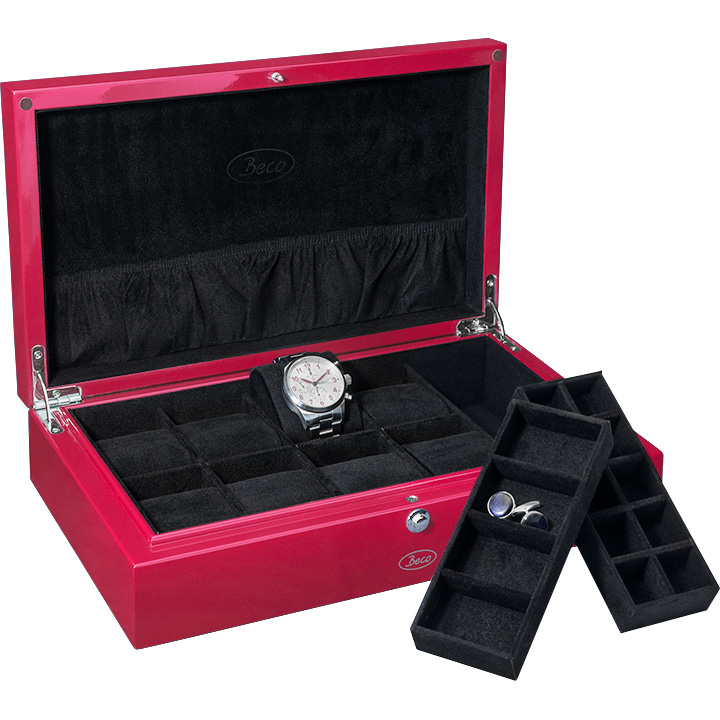 Beco Red Coffre de collection pour 8 montres avec 2 plateau pour bijoux, rouge, brillant