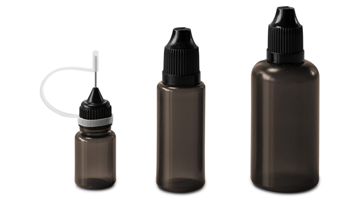 Set de 9 flacons, 5 - 50 ml, noir, avec couvercle, doseurs et entonnoir