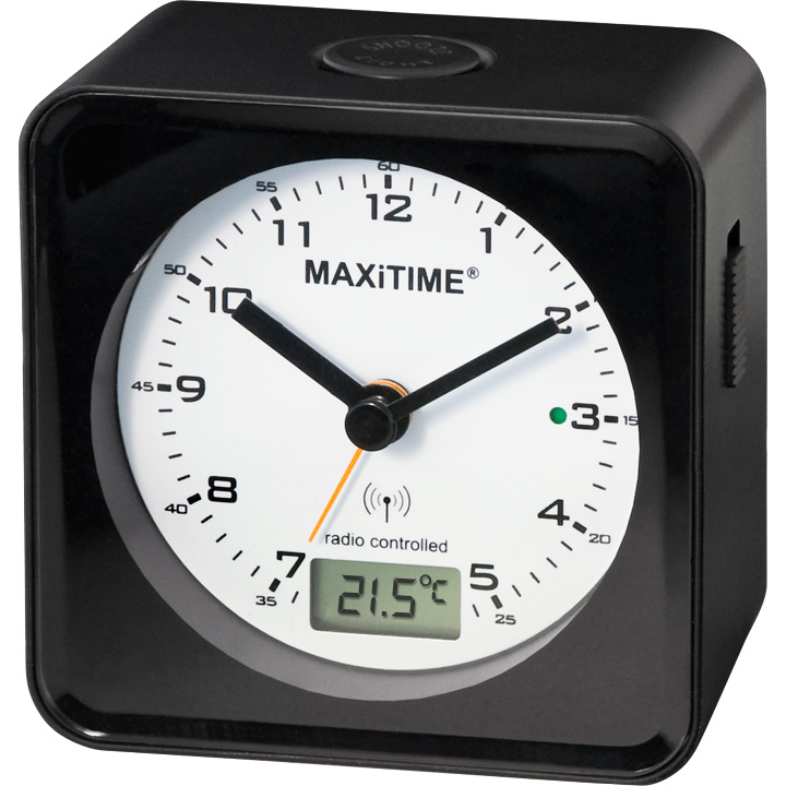 Réveil radio-commandé Maxitime  avec Snooze, lumière, température et date, boîtier noir