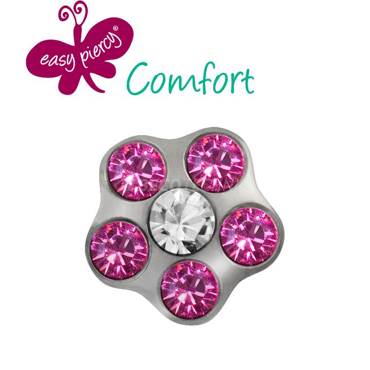 Easy Piercy Comfort 1 paire de boutons d'oreilles Flower Ø 5,0 mm, blanc, imitation diamant/rosé