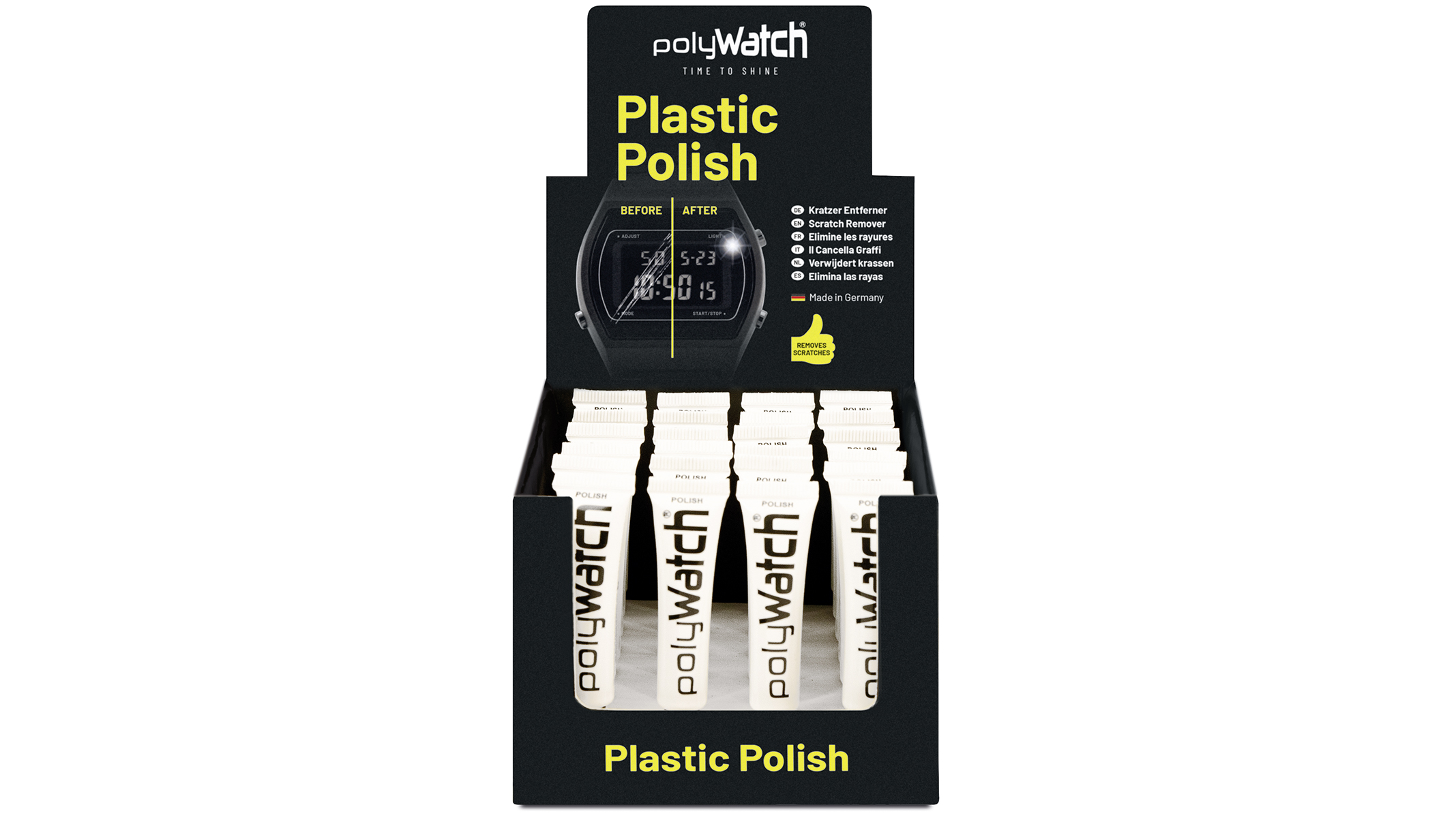 polyWatch Plastic Polish présentoir de vente avec 24 tubes, pâte à polir pour verre de montre